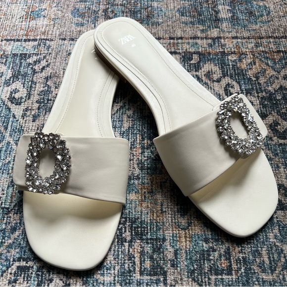 Zara - women's white embellished flat sandals - size 9